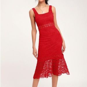 Red Lace Trumpet Midi Dress